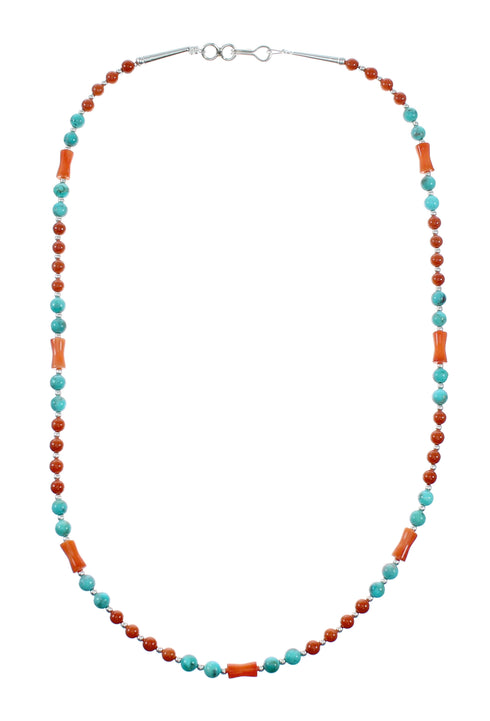Navajo Sterling Silver Turquoise Coral Bead Necklace And Earrings Set NX12488