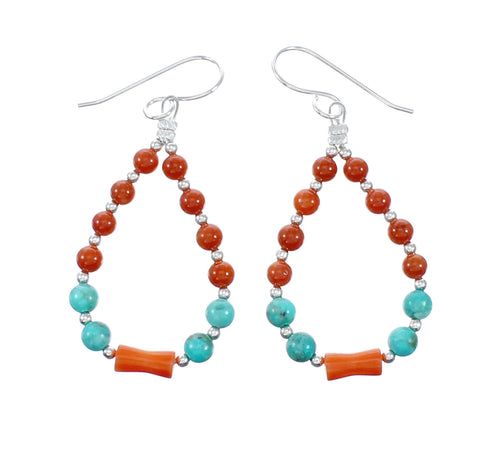 Navajo Sterling Silver Turquoise Coral Bead Necklace And Earrings Set NX12488
