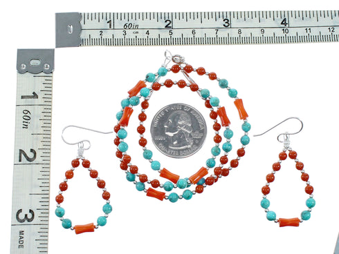 Navajo Sterling Silver Turquoise Coral Bead Necklace And Earrings Set NX12488