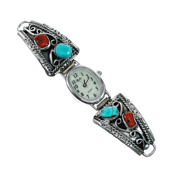Navajo Sterling Silver Turquoise And Coral Watch NX12508