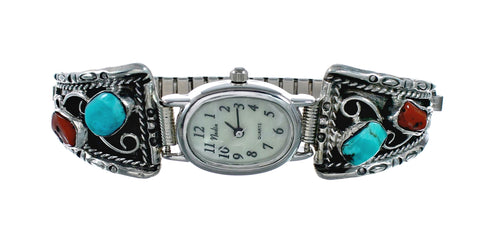 Navajo Sterling Silver Turquoise And Coral Watch NX12508