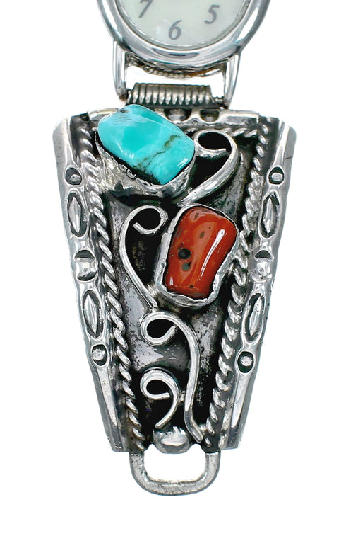 Navajo Sterling Silver Turquoise And Coral Watch NX12508