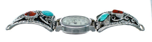 Navajo Sterling Silver Turquoise And Coral Watch NX12508