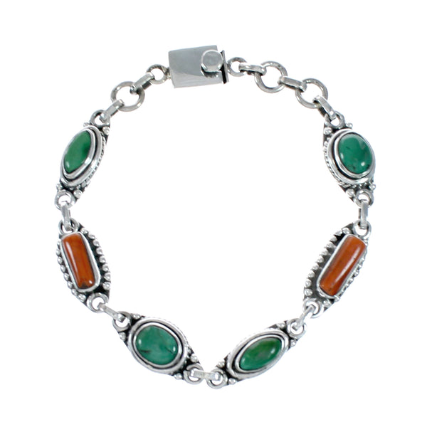 Turquoise Coral Navajo Sterling Silver Link Bracelet NX12507