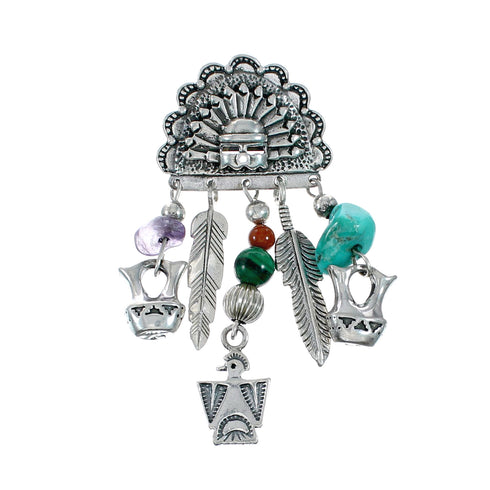 Native American Navajo Multicolor Chief Headdress Sterling Silver Pendant NX12506