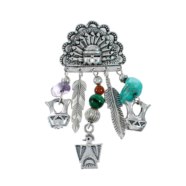Native American Navajo Multicolor Chief Headdress Sterling Silver Pendant NX12506