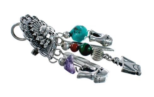 Native American Navajo Multicolor Chief Headdress Sterling Silver Pendant NX12506
