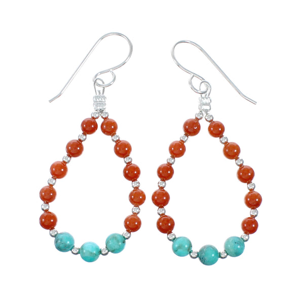 Navajo Turquoise And Coral Sterling Silver Hook Dangle Earrings NX12490
