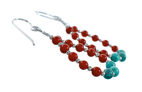 Navajo Turquoise And Coral Sterling Silver Hook Dangle Earrings NX12490