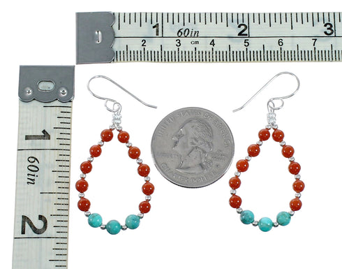 Navajo Turquoise And Coral Sterling Silver Hook Dangle Earrings NX12490