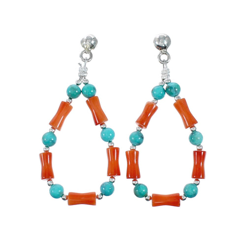Navajo Turquoise And Coral Sterling Silver Post Dangle Earrings NX12491