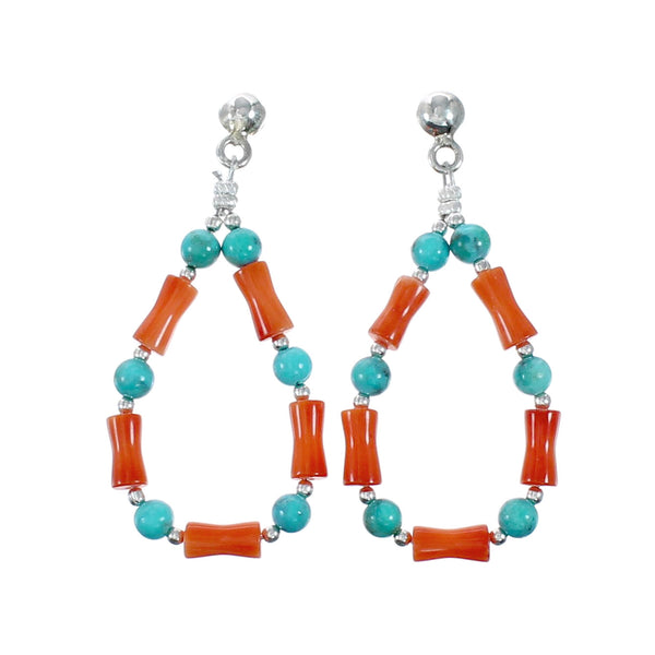 Navajo Turquoise And Coral Sterling Silver Post Dangle Earrings NX12491