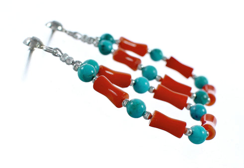 Navajo Turquoise And Coral Sterling Silver Post Dangle Earrings NX12491