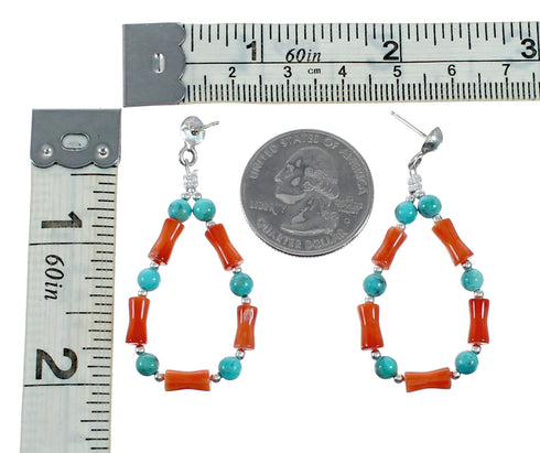 Navajo Turquoise And Coral Sterling Silver Post Dangle Earrings NX12491
