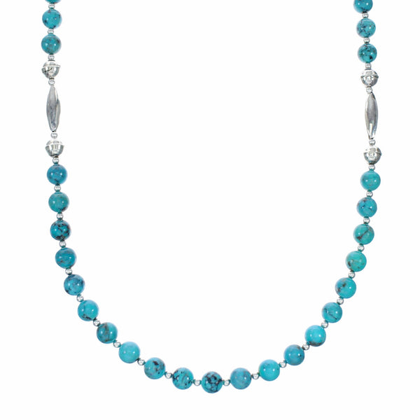 Navajo Native American Turquoise Sterling Silver Bead Necklace NX12517