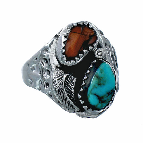 Sterling Silver Navajo Turquoise Coral Leaf Design Ring Size 9-1/2 NX12537