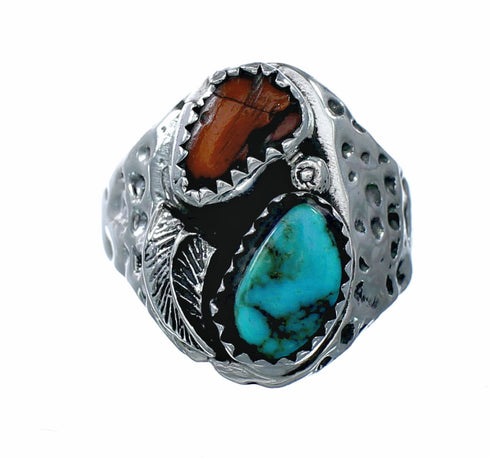 Sterling Silver Navajo Turquoise Coral Leaf Design Ring Size 9-1/2 NX12537