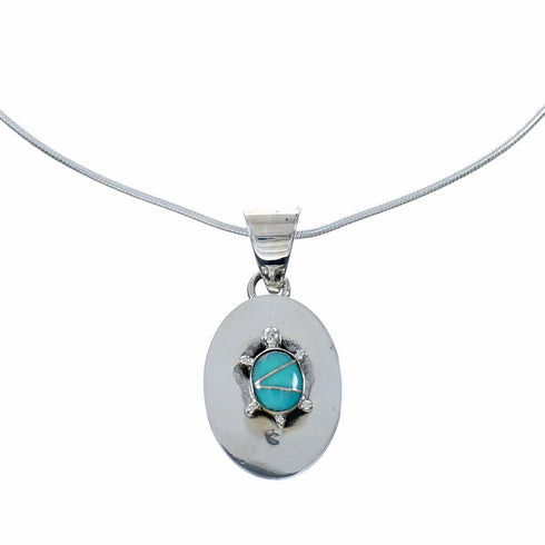 Navajo Turquoise Inlay Turtle Pendant Sterling Silver 18" Snake Chain Necklace Set NX12535