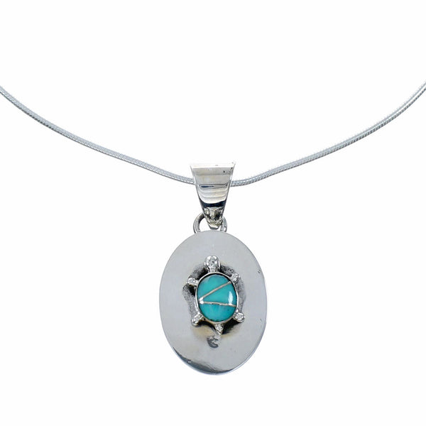 Navajo Turquoise Inlay Turtle Pendant Sterling Silver 18" Snake Chain Necklace Set NX12535