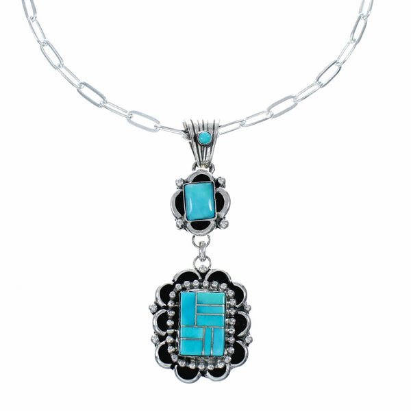 Genuine Navajo Turquoise Inlay Pendant Sterling Silver Link Chain Necklace Set NX12544