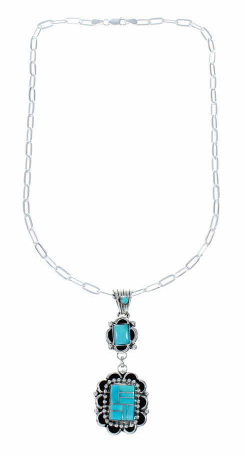 Genuine Navajo Turquoise Inlay Pendant Sterling Silver Link Chain Necklace Set NX12544