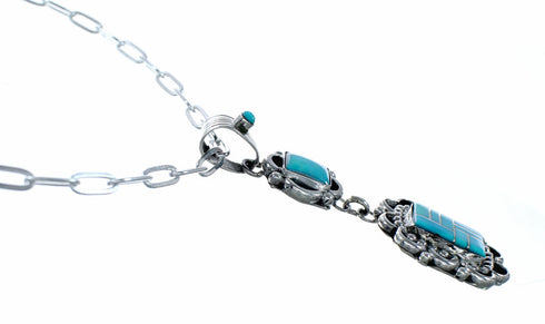 Genuine Navajo Turquoise Inlay Pendant Sterling Silver Link Chain Necklace Set NX12544