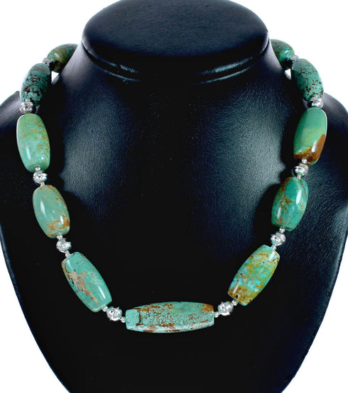 Genuine Native American Navajo Kingman Turquoise Sterling Silver Bead Necklace NX12560