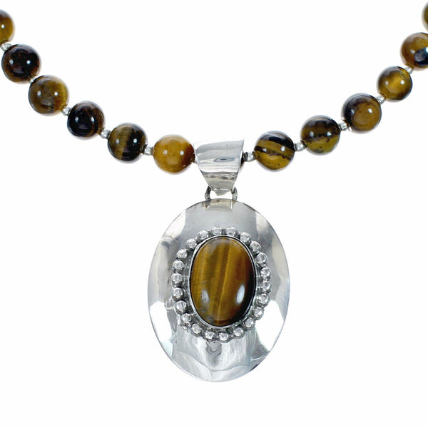 Native American Tiger Eye And Sterling Silver Pendant Bead Necklace NX12573