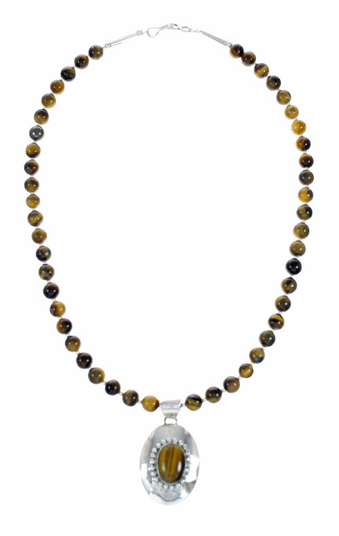 Native American Tiger Eye And Sterling Silver Pendant Bead Necklace NX12573