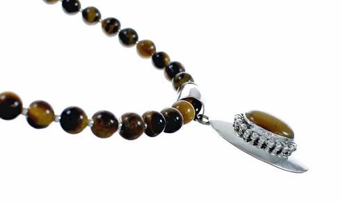 Native American Tiger Eye And Sterling Silver Pendant Bead Necklace NX12573