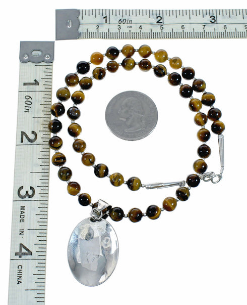 Native American Tiger Eye And Sterling Silver Pendant Bead Necklace NX12573