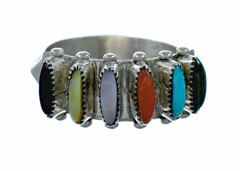 Native American Zuni Sterling Silver Multicolor Needlepoint Ring Size 8-1/4 NX12556