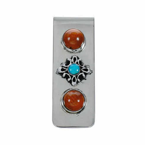 Native American Turquoise Coral Sterling Silver Navajo Money Clip NX12548