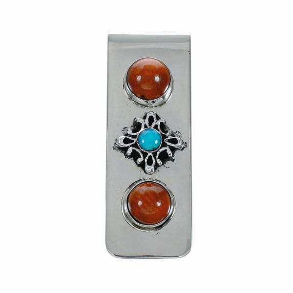 Native American Turquoise Coral Sterling Silver Navajo Money Clip NX12548