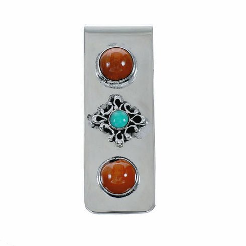 Native American Turquoise Coral Sterling Silver Navajo Money Clip NX12549