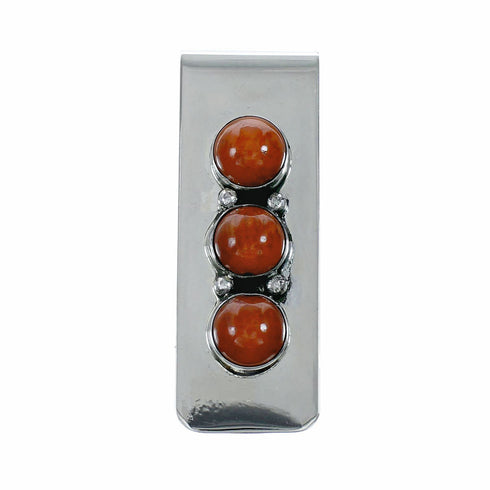 Native American Coral Sterling Silver Navajo Money Clip NX12547
