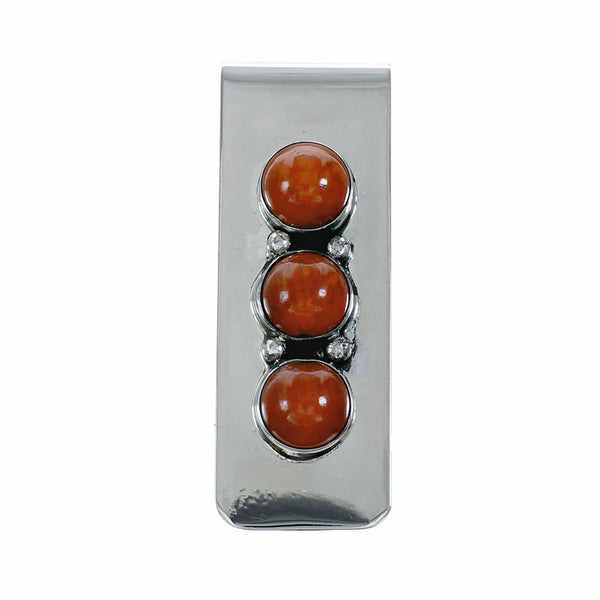 Native American Coral Sterling Silver Navajo Money Clip NX12547
