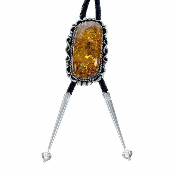 Navajo Native American Sterling Silver Amber Bolo Tie NX12585
