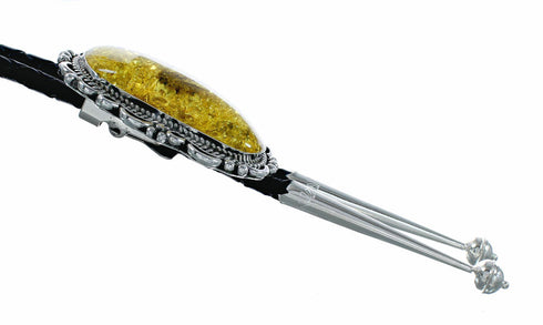 Genuine Navajo Native American Sterling Silver Amber Bolo Tie NX12586