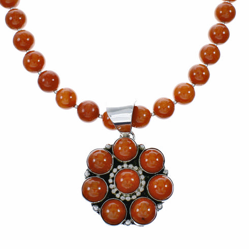Navajo Coral Bead Sterling Silver Necklace Pendant Set NX12641