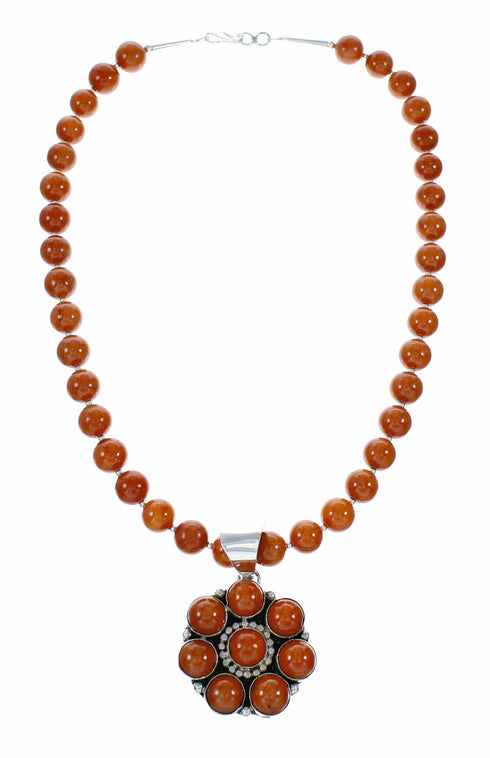 Navajo Coral Bead Sterling Silver Necklace Pendant Set NX12641