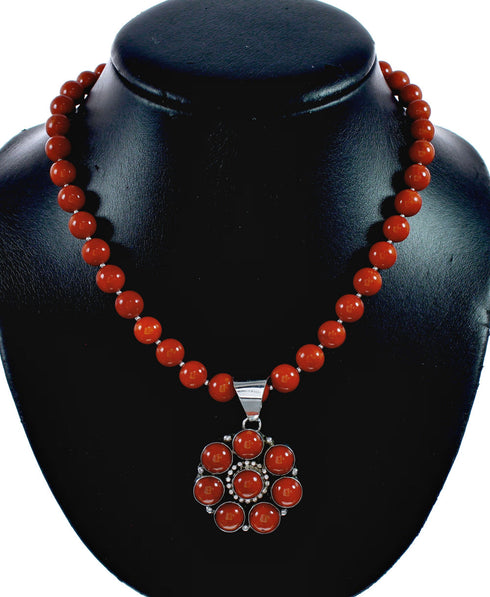 Navajo Coral Bead Sterling Silver Necklace Pendant Set NX12641