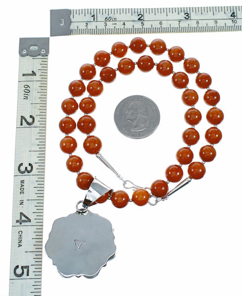 Navajo Coral Bead Sterling Silver Necklace Pendant Set NX12641