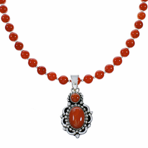 Navajo Coral Bead Sterling Silver Necklace Pendant Set NX12642