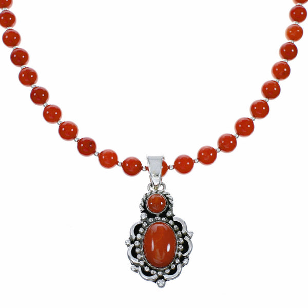Navajo Coral Bead Sterling Silver Necklace Pendant Set NX12642