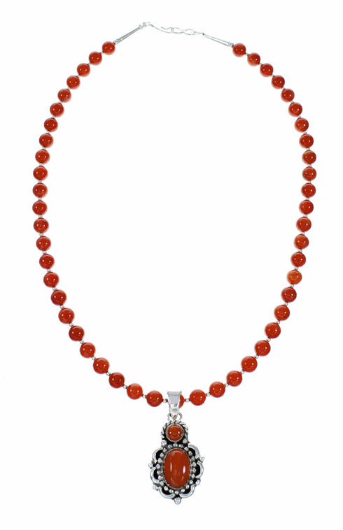 Navajo Coral Bead Sterling Silver Necklace Pendant Set NX12642