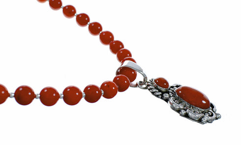 Navajo Coral Bead Sterling Silver Necklace Pendant Set NX12642