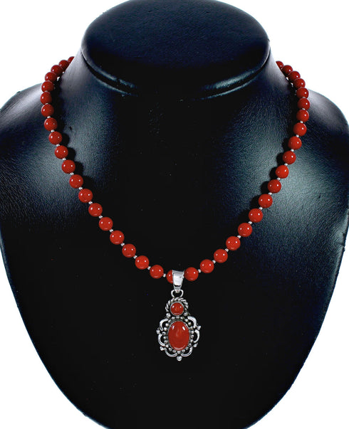 Navajo Coral Bead Sterling Silver Necklace Pendant Set NX12642