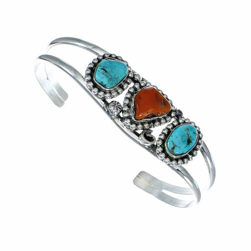 Sterling Silver Turquoise And Coral American Indian Cuff Bracelet NX12622