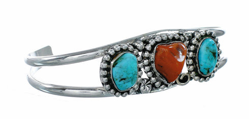 Sterling Silver Turquoise And Coral American Indian Cuff Bracelet NX12622